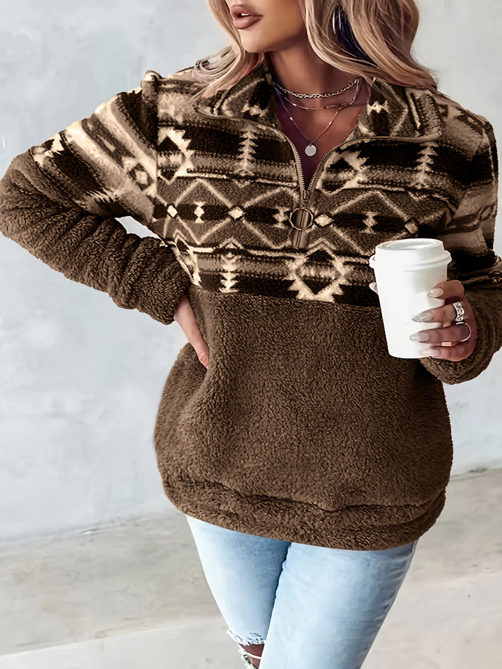 Skye | Geo Pattern Half Zipper Teddy Sweatshirt