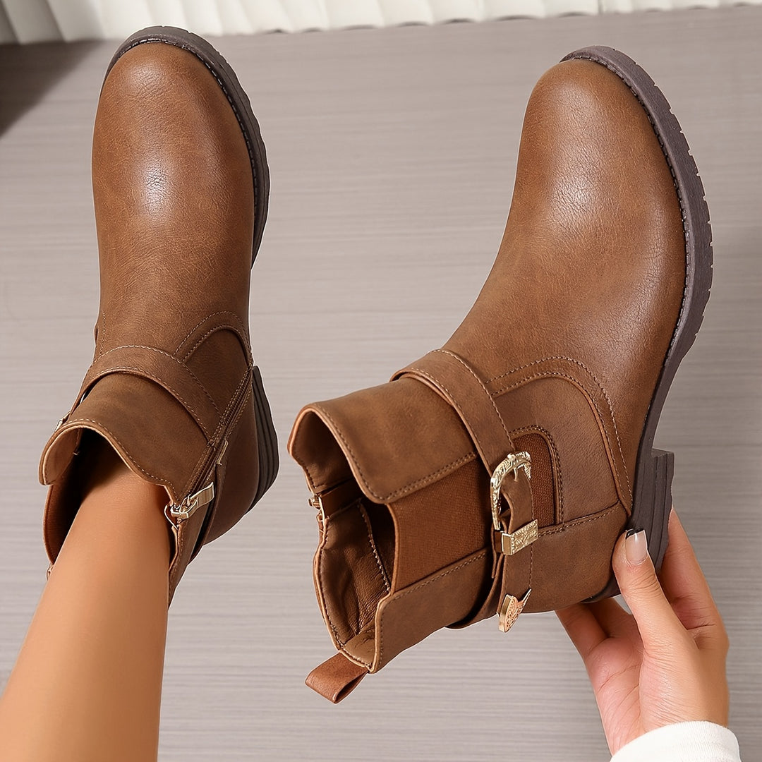 Nadya - Retro Buckle Style Leather Boots