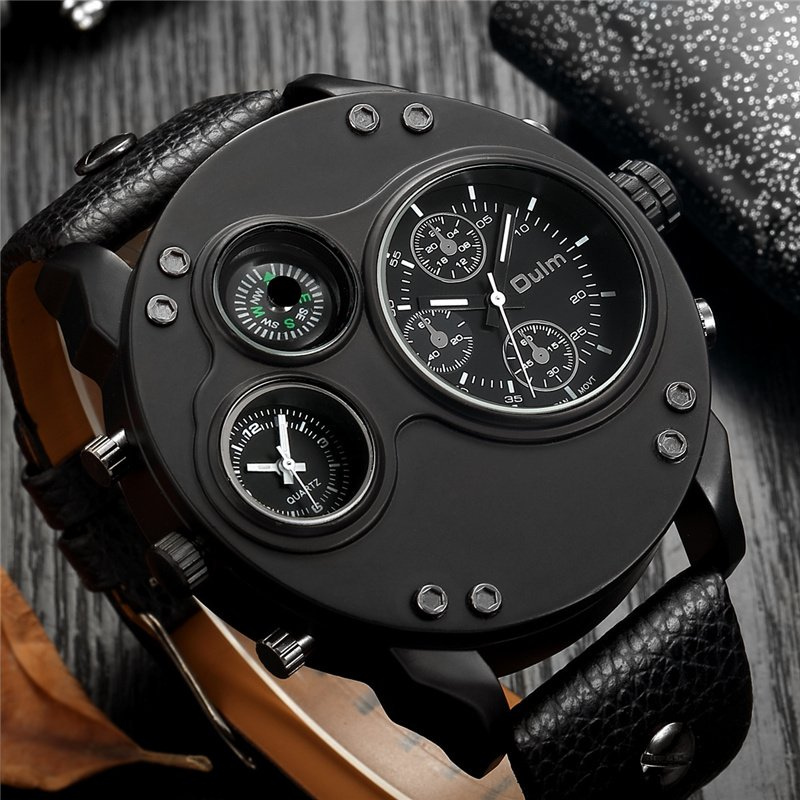 Black Leather Double Time Zone Quartz Watch