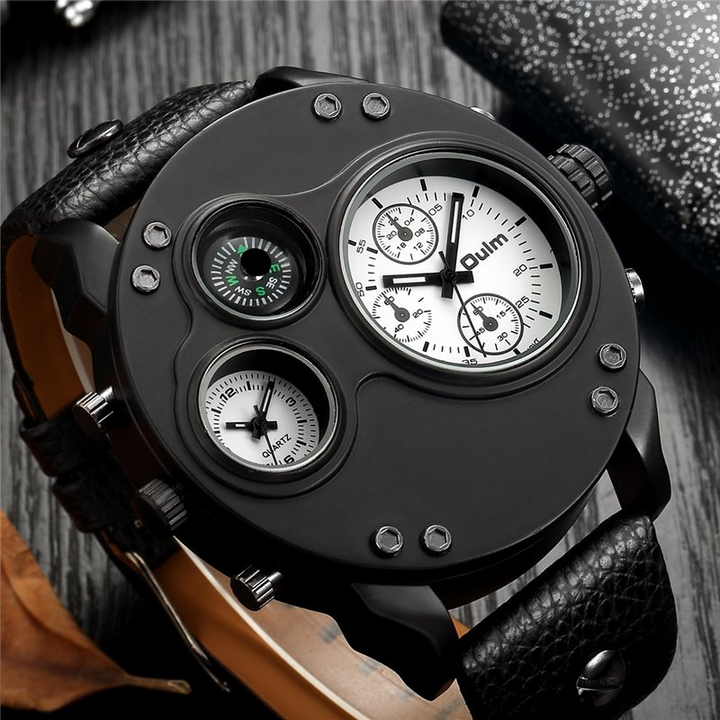 Black Leather Double Time Zone Quartz Watch