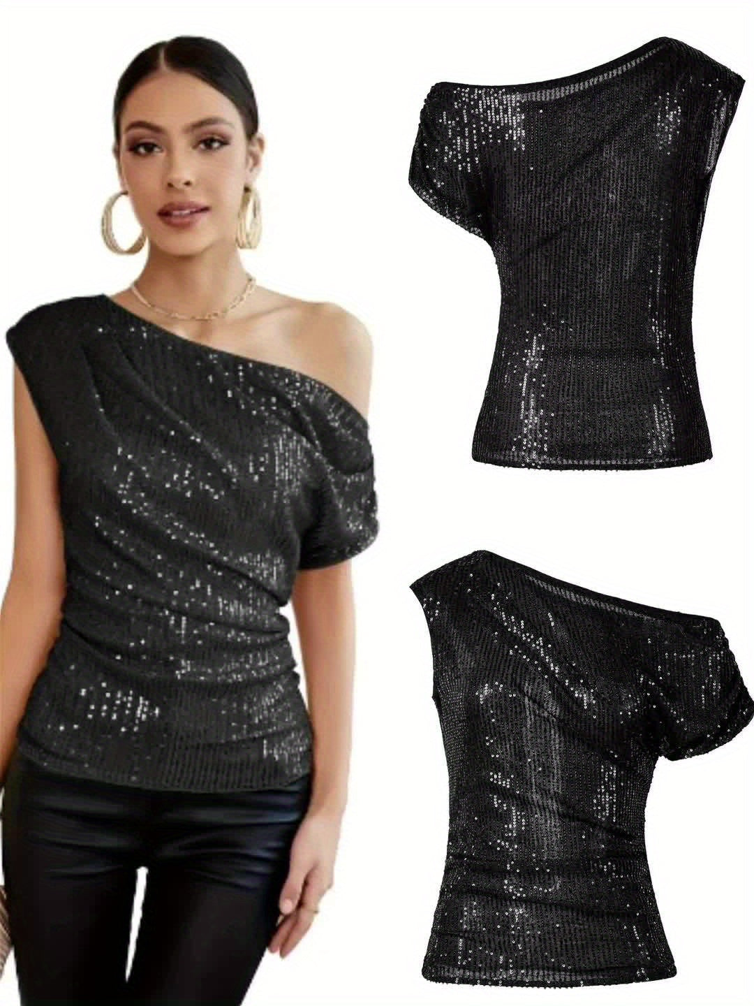Paula | One-Shoulder Glitter Top