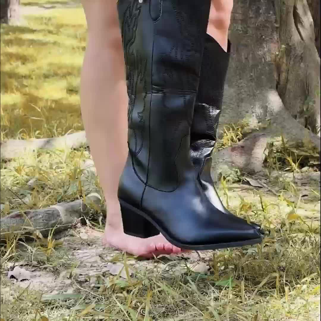 Hellen - Solid Black Braided Cowboy Boots