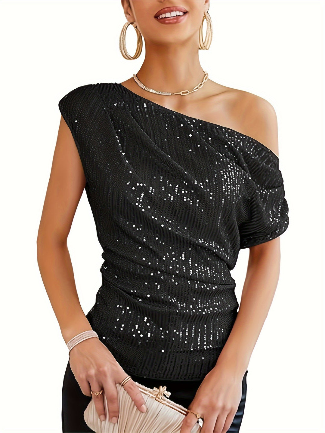 Paula | One-Shoulder Glitter Top