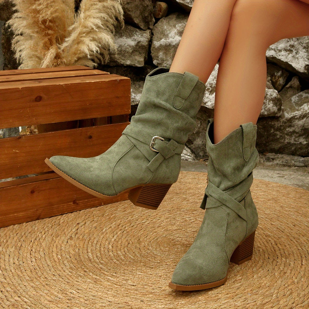 Lidia - Low Pleated Metal Buckle Cowboy Boots