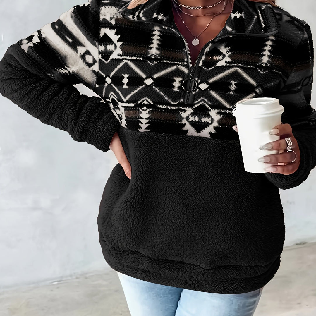 Skye | Geo Pattern Half Zipper Teddy Sweatshirt
