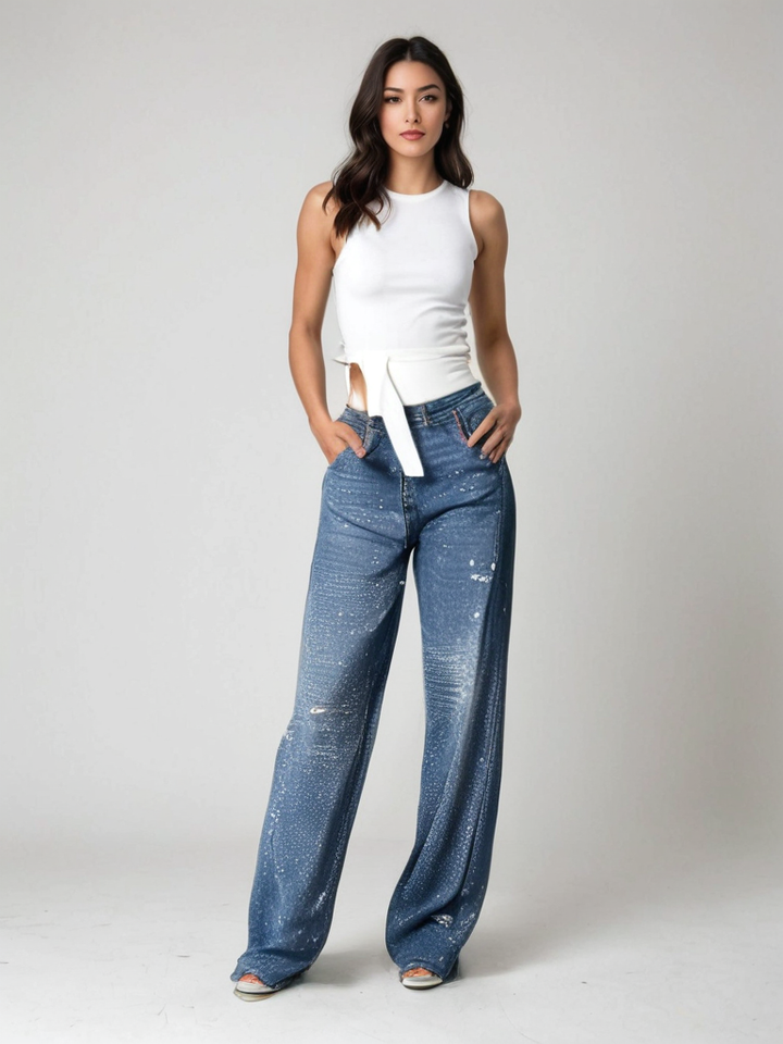 Meike - Regular Fit High Waist Jeans with Diamond Pattern