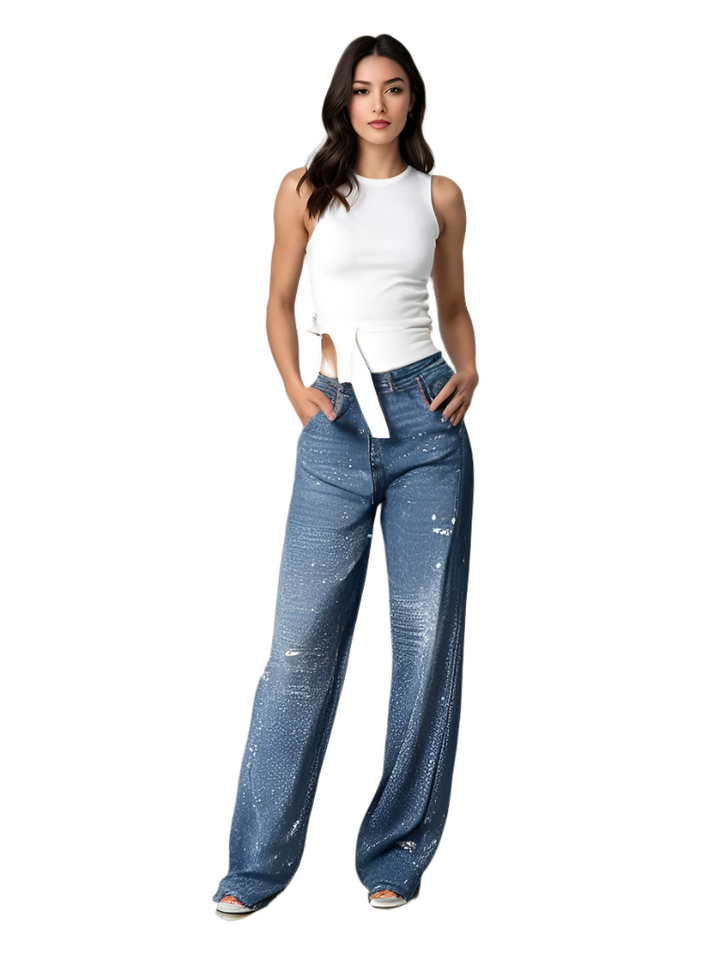 Meike - Regular Fit High Waist Jeans with Diamond Pattern