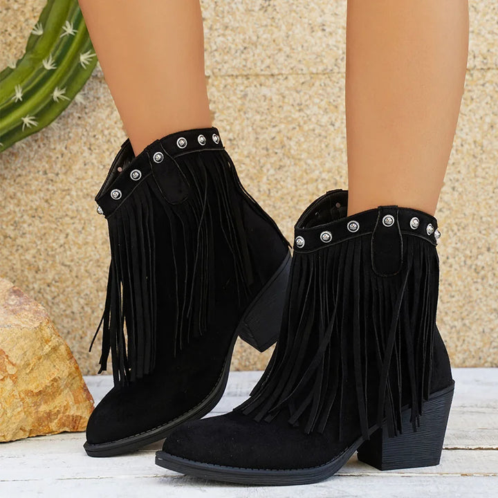 Debra - Cuban Heel Fringe Detailed Low Boots
