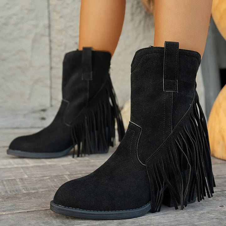 Debra - Cuban Heel Fringe Detailed Low Boots