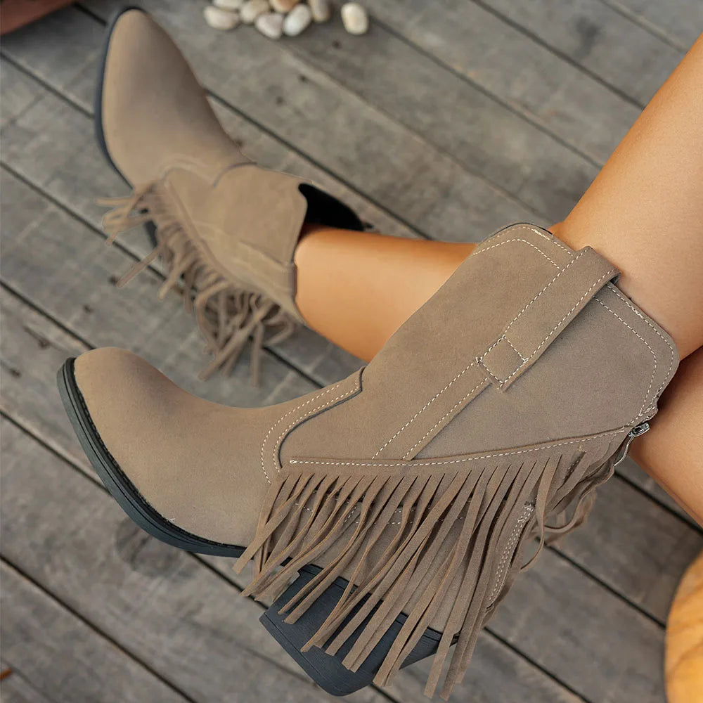 Debra - Cuban Heel Fringe Detailed Low Boots