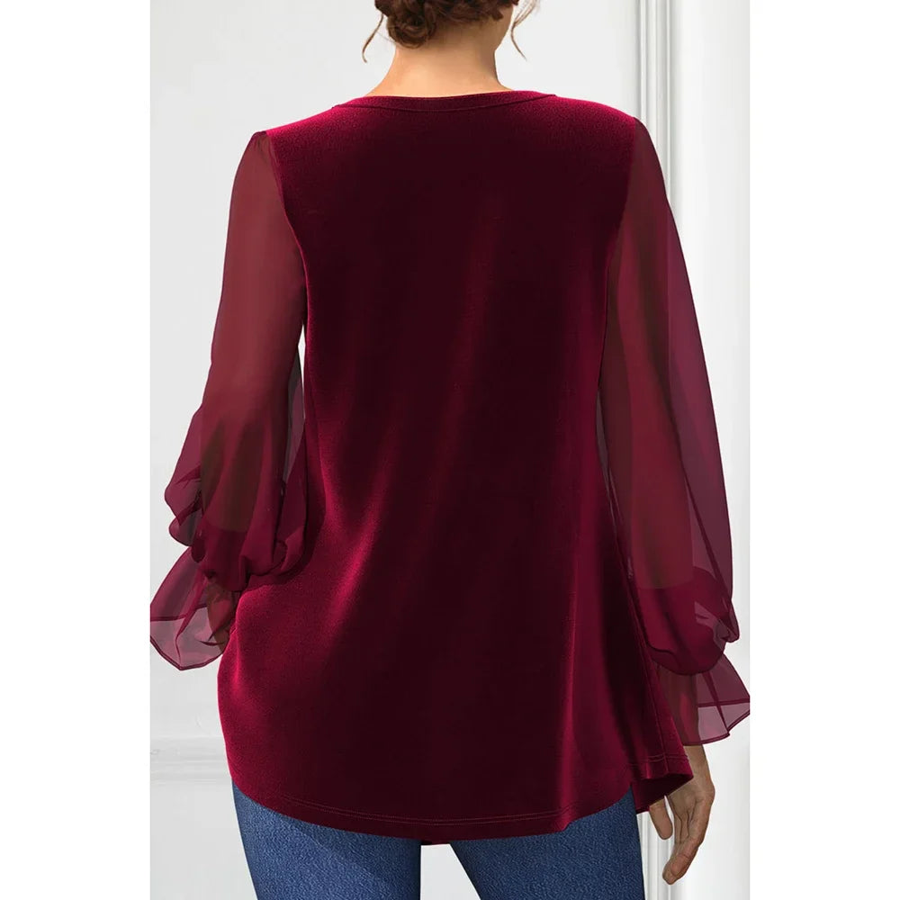 Lena – Plus Size Burgundy Velvet Chiffon Blouse