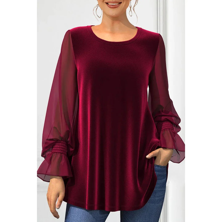 Lena – Plus Size Burgundy Velvet Chiffon Blouse