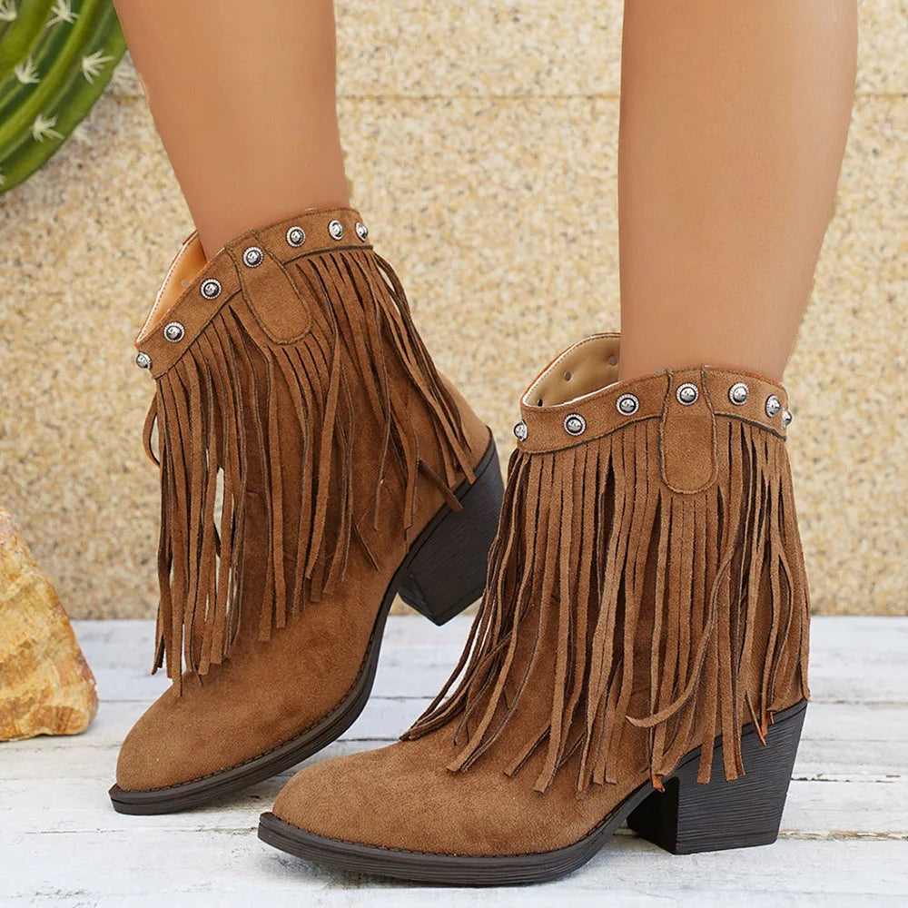 Debra - Cuban Heel Fringe Detailed Low Boots