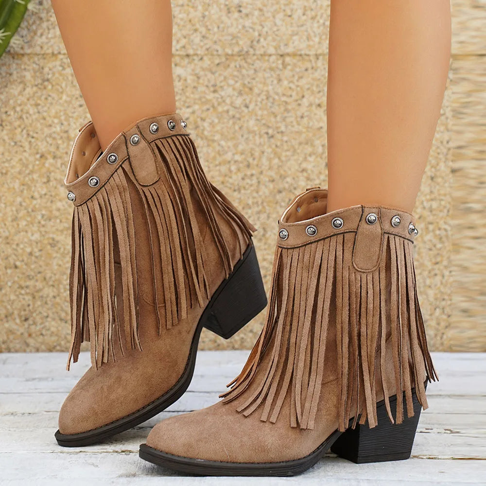 Debra - Cuban Heel Fringe Detailed Low Boots