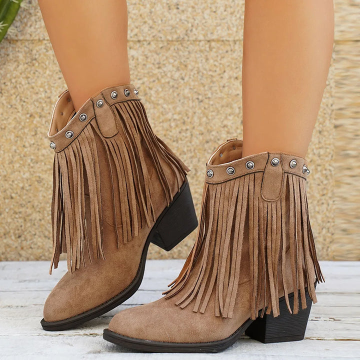 Debra - Cuban Heel Fringe Detailed Low Boots
