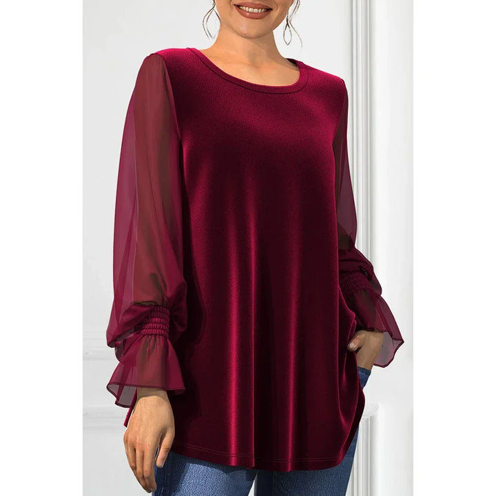 Lena – Plus Size Burgundy Velvet Chiffon Blouse