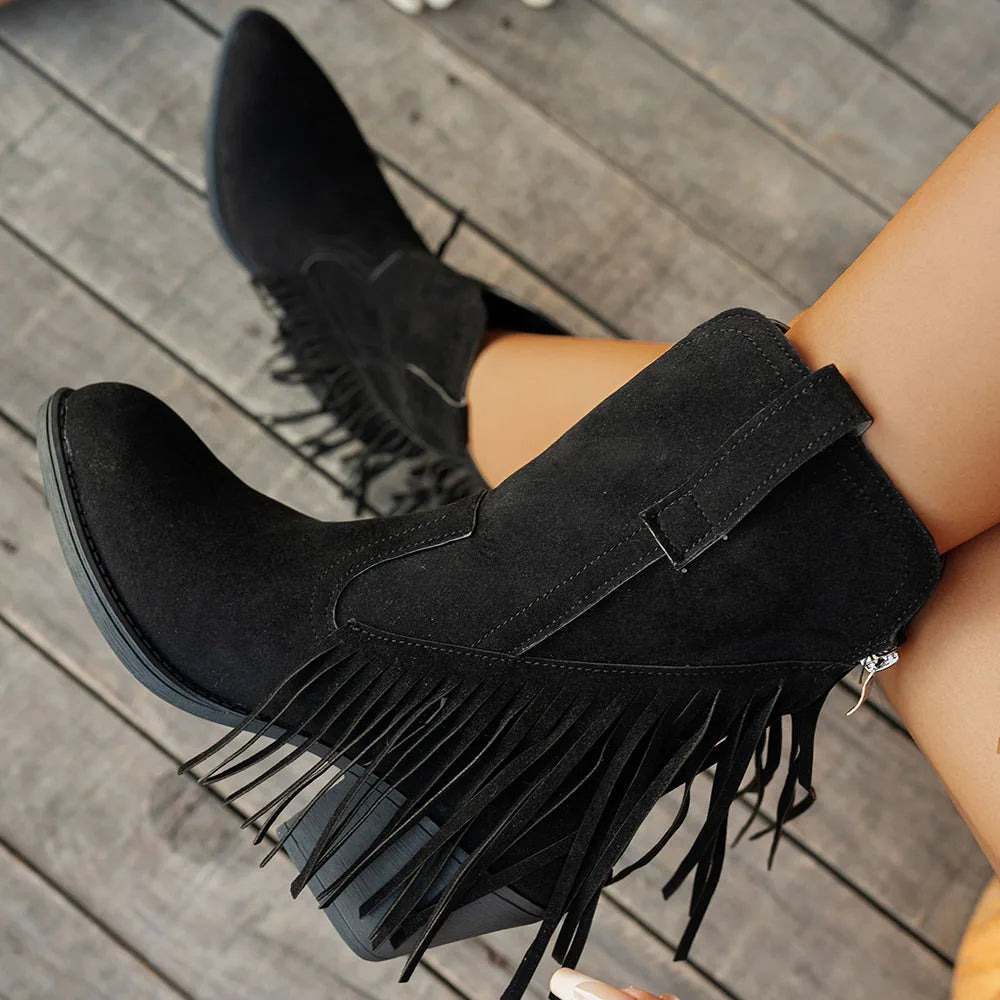 Debra - Cuban Heel Fringe Detailed Low Boots