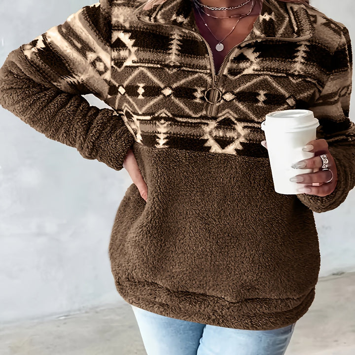Skye | Geo Pattern Half Zipper Teddy Sweatshirt