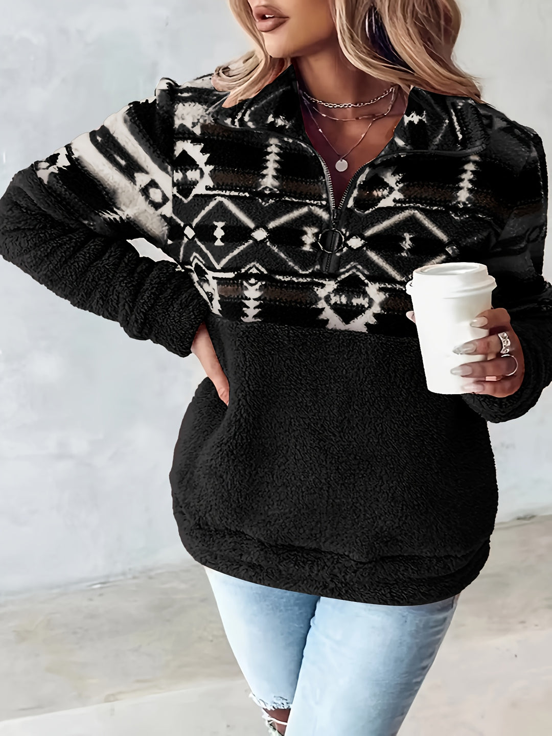 Skye | Geo Pattern Half Zipper Teddy Sweatshirt
