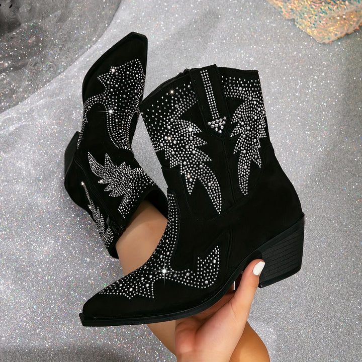 Marthy - Glitter Rhinestone Western Ankle Boots