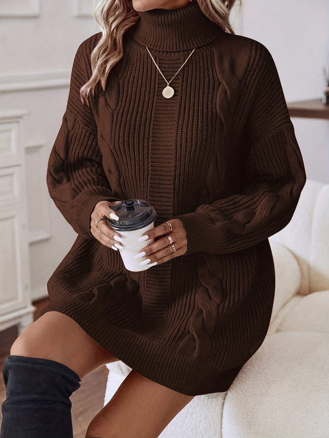 Alecia | Woven Texture Turtleneck Sweater Dress